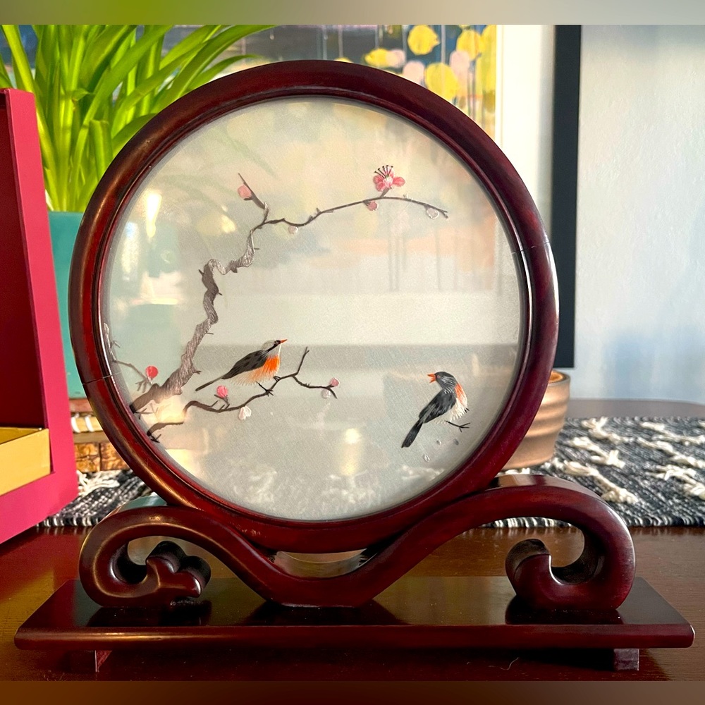 Brand new authentic Hunan Embroidered screen in redwood frame.